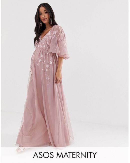 ASOS Asos Design Maternity Flutter Sleeve Maxi Dress in Pink