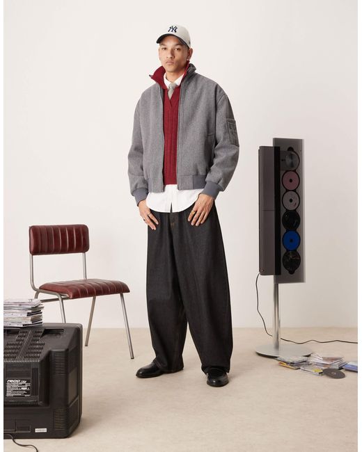 ASOS Gray Wool Look Oversized Bomber Jacket With Funnel Neck for men