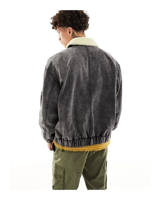 ASOS Oversized Washed Bomber Jacket With Collar in Gray for Men Lyst