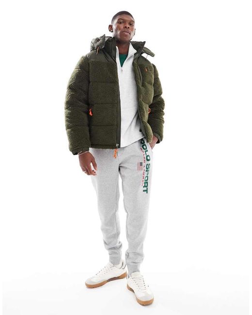 Polo Ralph Lauren Green Icon Logo Detatchable Hood Sherpa Borg Puffer Jacket for men