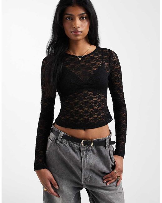 ASOS Black Lace Sheer Long Sleeve Cropped Top