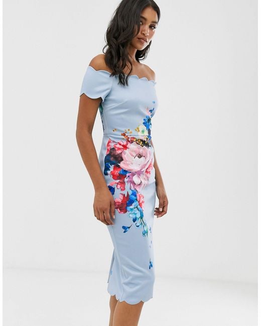 Ted Baker Blue Raspberry Ripple Bardot Floral Off-the-shoulder Short-sleeve Scallop Dress