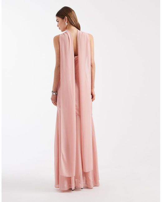 TFNC London Pink Bridesmaid Chiffon Halter Neck Scarf Detail Maxi Dress With Sheer Skirt