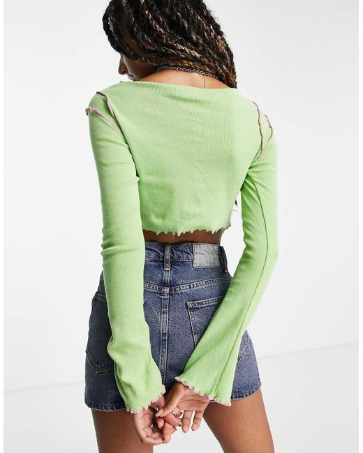 Daisy Street Green Long Sleeve Rib Crop Top With Contrast Overlocking