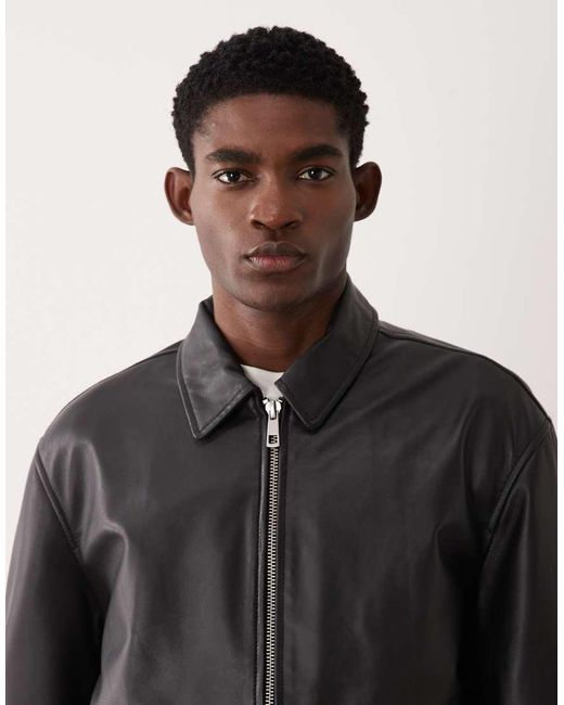 ASOS Gray Real Leather Harrington Jacket for men