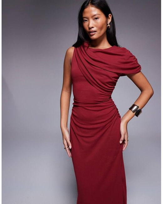 Forever New Red Petite Mesh Ruched Cape Shoulder Detail Midi Dress