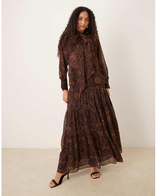 Mango Brown Chiffon Blouse With Neck Tie Co-ord