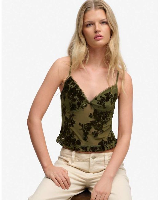 Superdry Green Flocked Mesh Cami Top