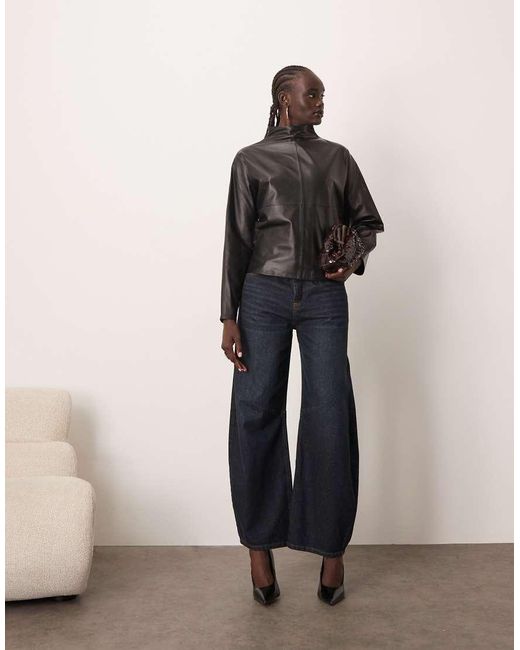 ARRANGE Brown High Neck Leather Curved Top