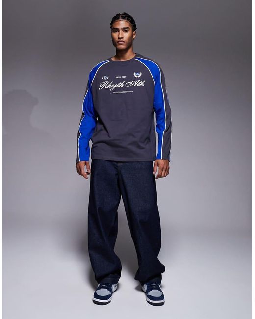ASOS Oversized Long Sleeve T-shirt Panelling Detail And Sports Graphic Charcoal And Blue for men