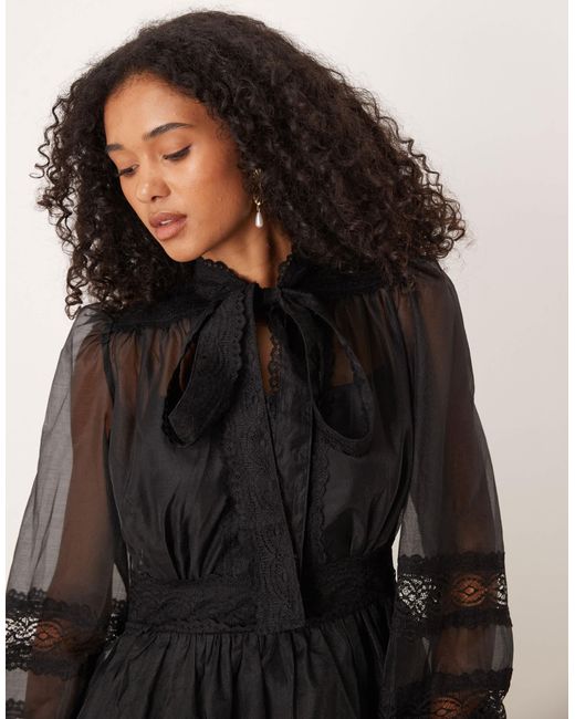 Sister Jane Black Dream Sheer Lace Mix Pussybow Midi Dress
