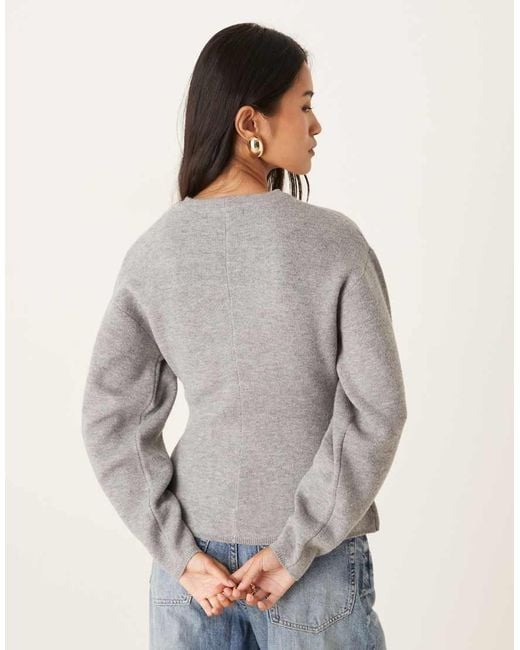 Gina Tricot Gray Long Sleeve Sculpted Crew Neck Knitted Peplum Sweater