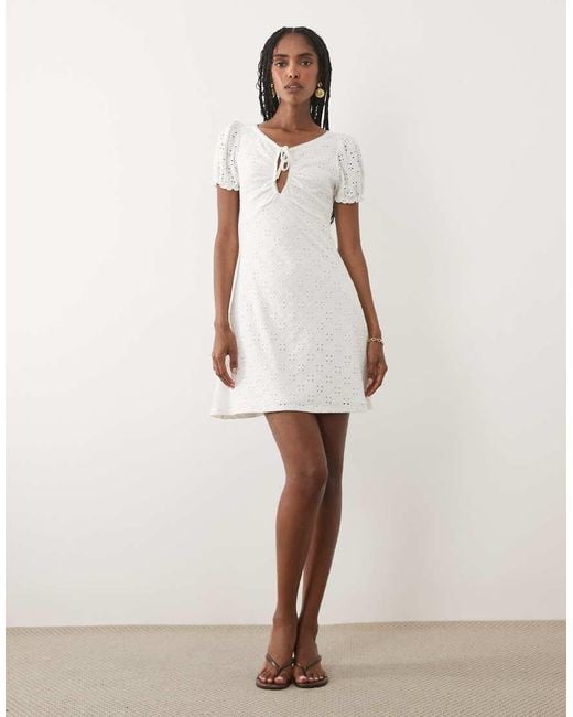 Miss Selfridge White Textured Mini Dress With Keyhole And Picot Trim