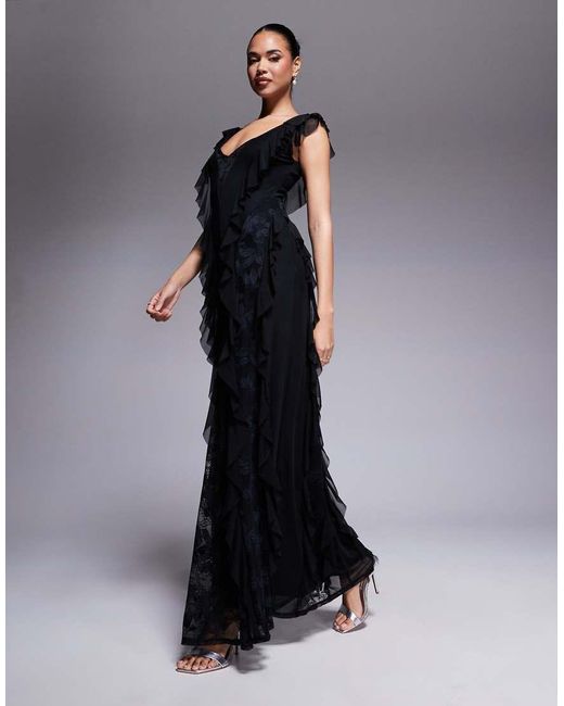 AFRM Blue Trista Mesh Ruffle Maxi Dress With Lace Panels