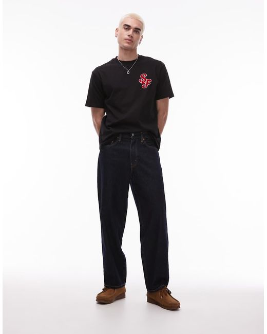 Camiseta Negra Extragrande Con Bordado De Letra De Chenilla De Tejido Grueso De Topman de hombre de color Black