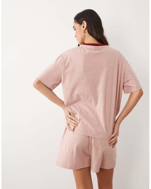 ASOS Pink Cotton Slub Short Sleeve Tee And Short Set With Contrast Neck Binding