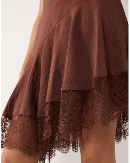 ASOS Brown Slip Lace Trim Mini Dress With Asymmetric Hem