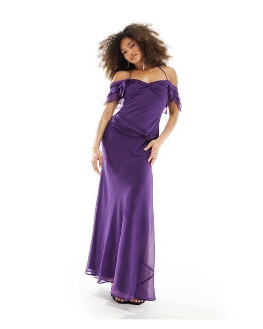 ASOS Purple Ruffle Bardot Maxi Dress With Twist Detail