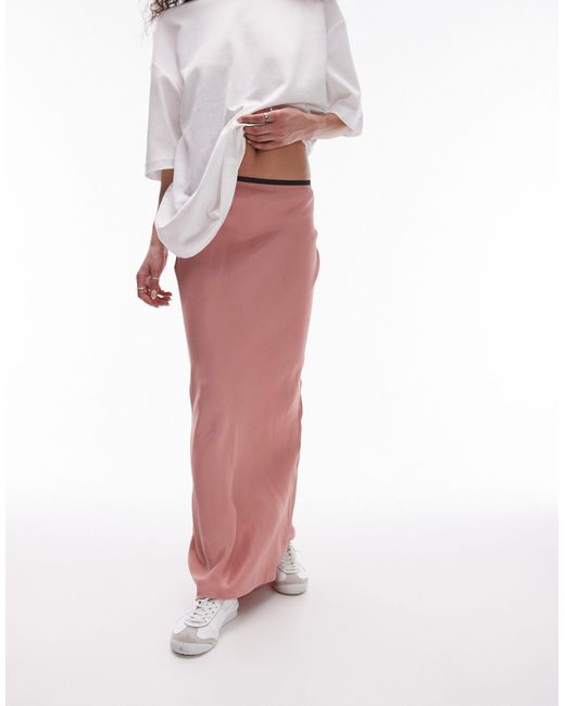 Jupe longue satinée coupée en biais avec bords élastiques TOPSHOP en coloris Pink