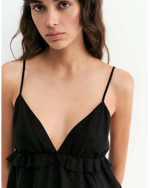 Pull&Bear Black Linen Blend Ruffled Top