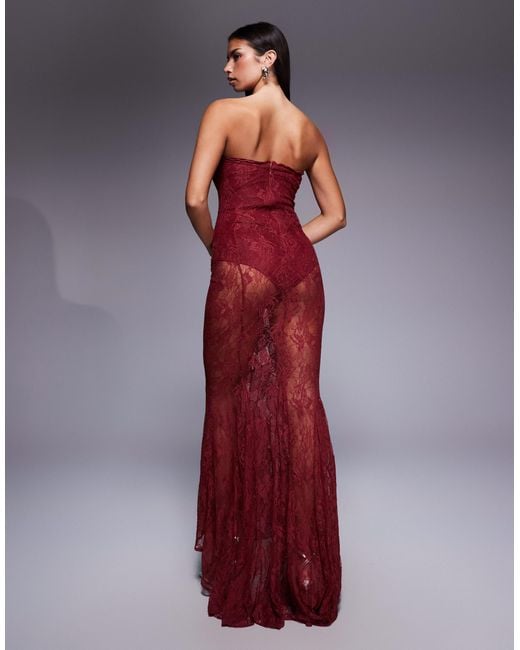 ASOS Red Bandeau Lace Embellished Maxi Dress With Corset Detailing And Fishtail Skirt