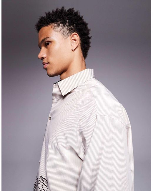 ASOS Gray Oversized Stripe Shirt With Landscape Print for men