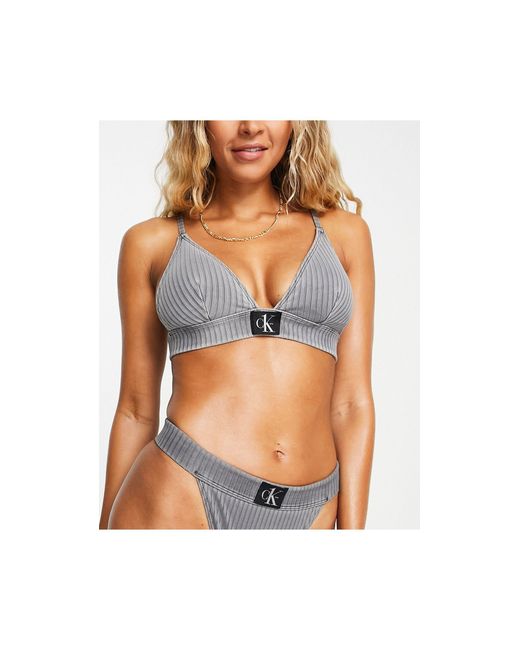 Calvin Klein Rib Fixed Triangle Bikini Top in Gray | Lyst