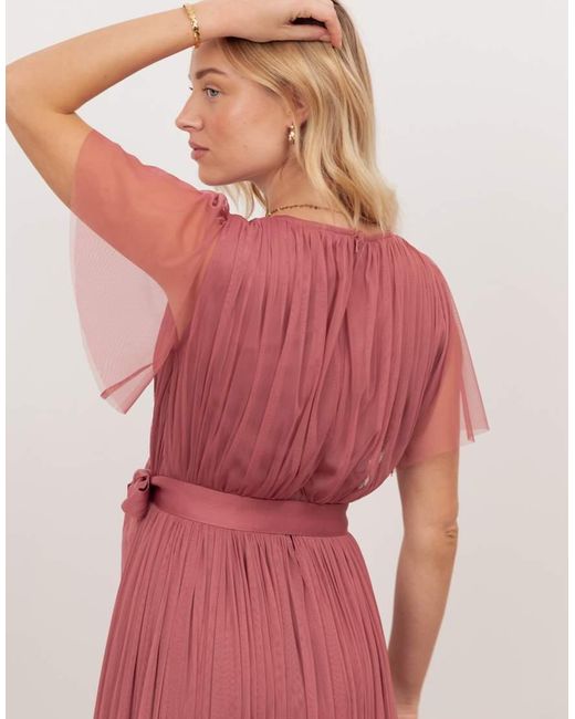 ANAYA Red Tulle Faux Wrap Short Sleeve Maxi Dress
