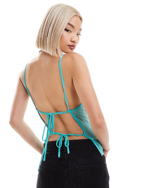 Elsie & Fred Blue Backless High Neck Lace Top