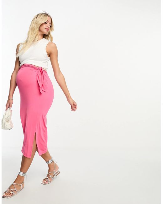 Mama.licious Pink Mamalicious Maternity Jersey Midi Skirt With Sarong Detail