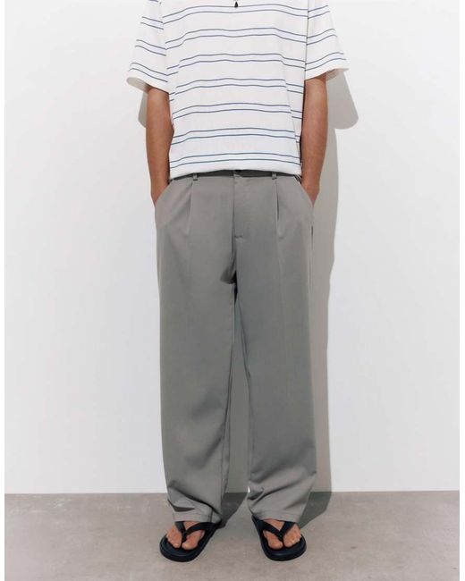 Pull&Bear Gray Tailored Fit Wide Leg Trousers for men