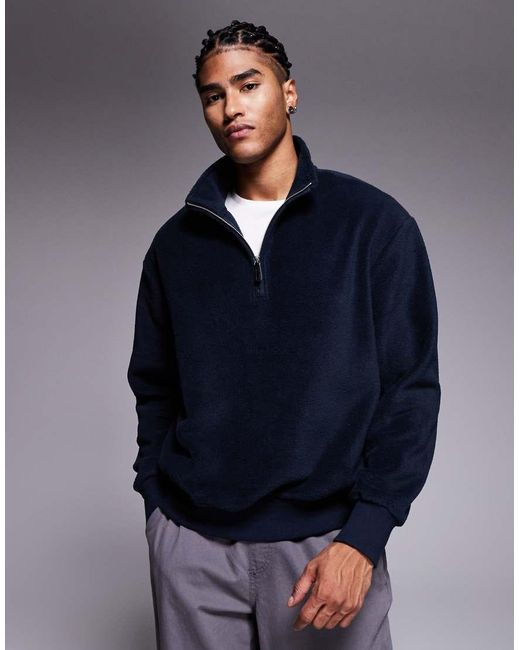 ASOS Oversized Fleece Sweatshirt Met Kwartrits En Opstaande Boord in het Blue voor heren