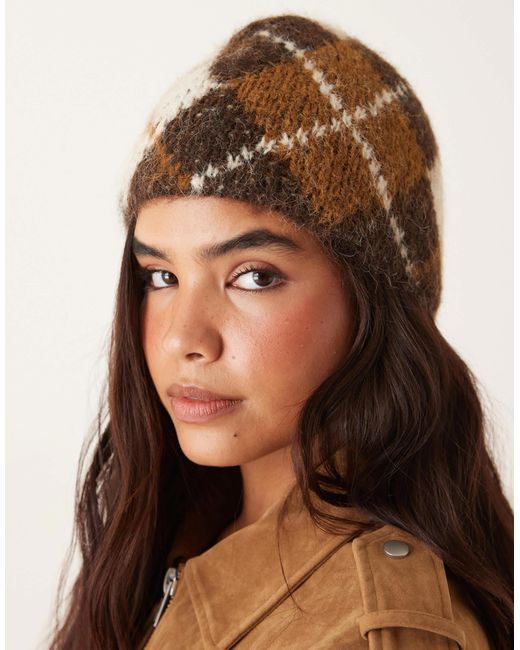 Mango Brown Wool Blend Argyle Beanie