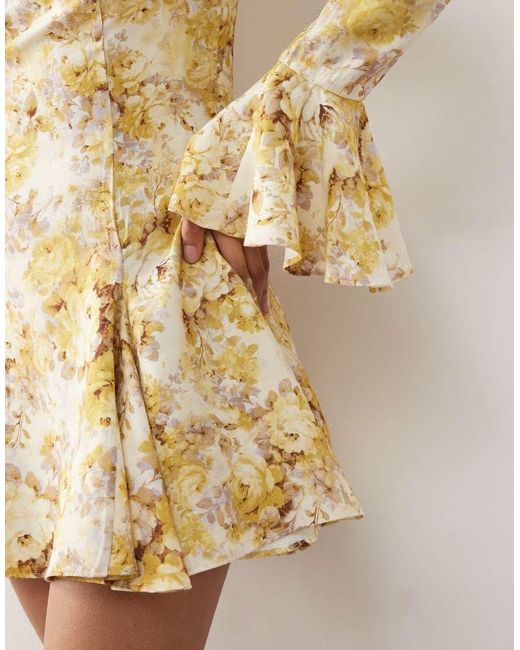 Monki Natural Floaty Long Sleeve Mini Dress