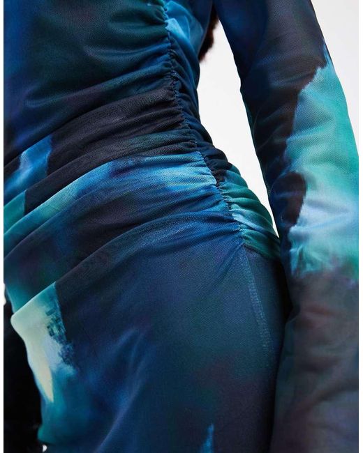 Object Blue Watercolour Print Maxi Dress With Ruched Waist