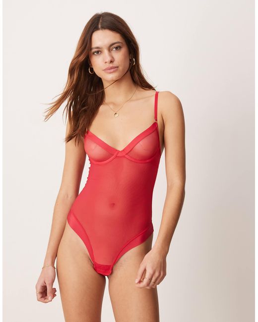 KBX Red Zadie Plunge Non-padded Underwi Mesh Body