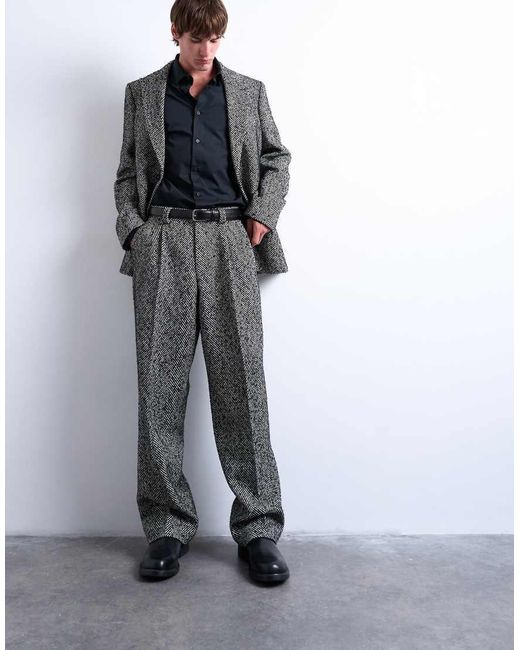 Topman Metallic Wide Leg Wool Blend Herringbone Trousers for men