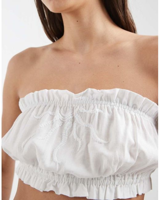 Aray White Bandeau Beach Top With Embroidery