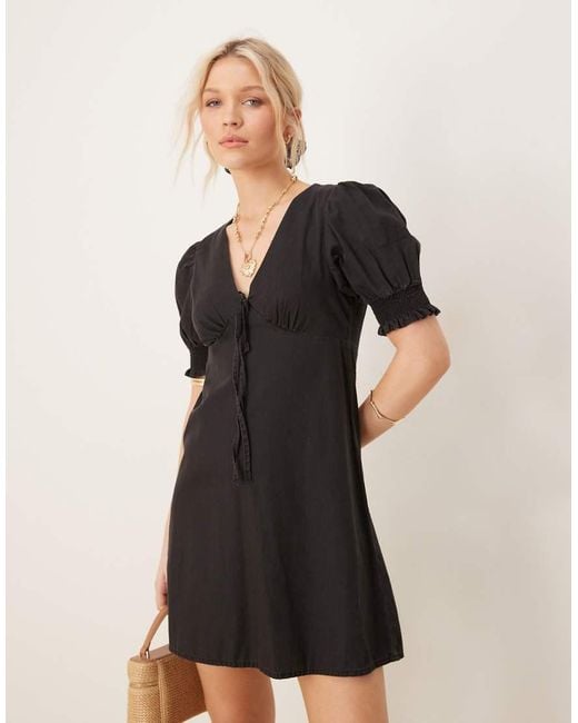 ASOS Black Soft Denim Puff Sleeve Mini Dress With Frill Detail