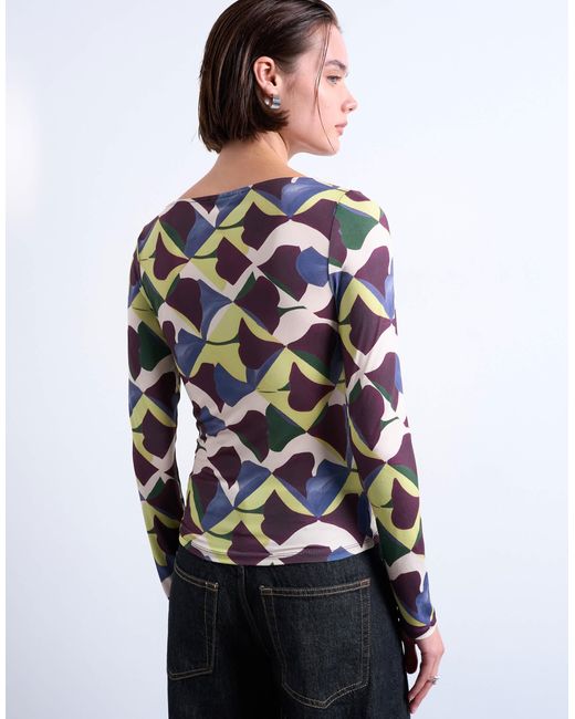 TOPSHOP White Microfibre Painted Geo Print Long Sleeve Top