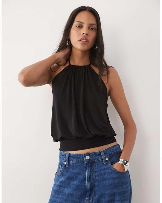 New Look Black Bubble Waistband Halterneck Top