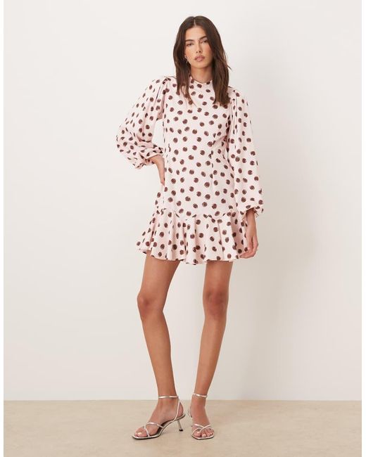 Sister Jane Pink Exclusive High Neck Balloon Sleeve Ruffle Drop Hem Mini Dress