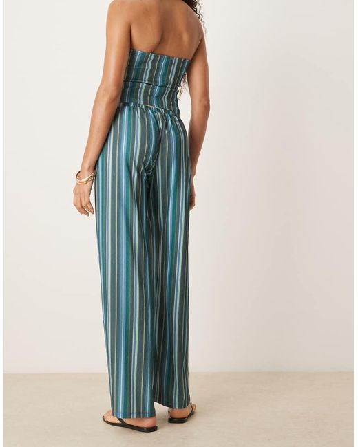 Pantaloni A Fondo Ampio A Vita Medio Alta Blu E Verdi Testurizzati A Righe di ASOS in Blue