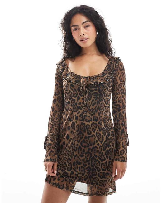 New Look Mini Jurk Van Mesh Met Lange Mouwen En Luipaardprint in het Brown