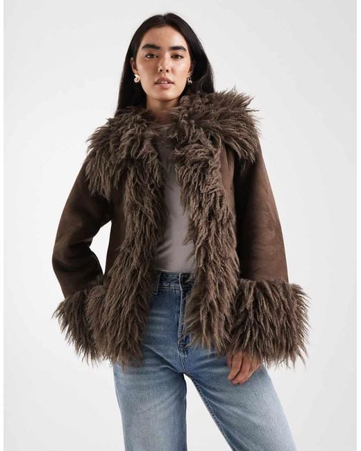 ASOS Brown Penny Lane Faux Fur Trim Coat