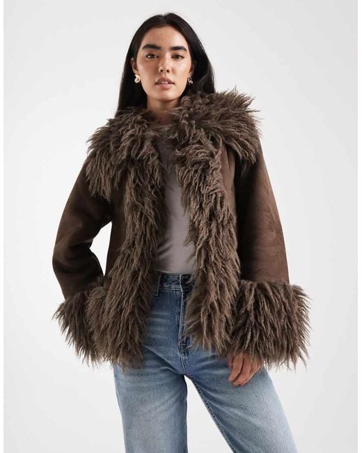 ASOS Brown Penny Lane Faux Fur Trim Coat