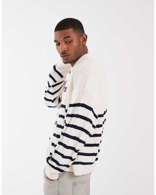 Tommy Hilfiger White Cable Knit Relaxed Fit Cardigan for men