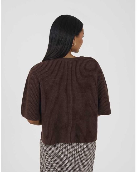 Brave Soul Brown Short Sleeve Crew Neck Fisherman Knit Cardigan