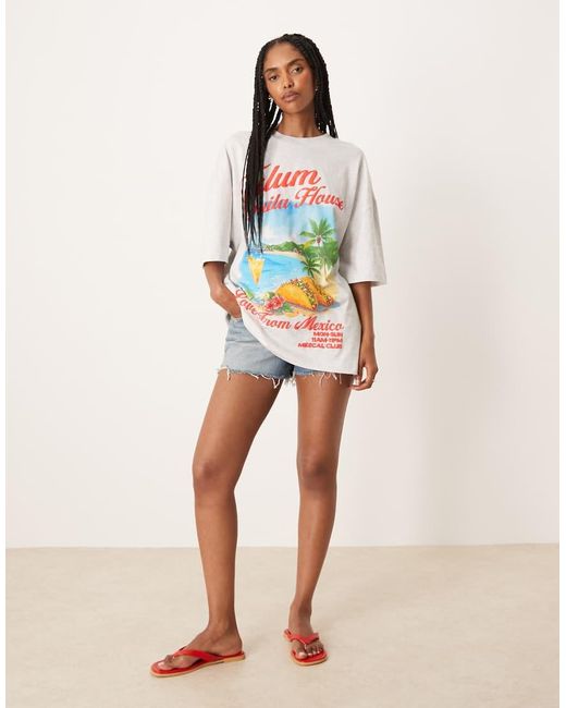 T-Shirt Oversize Color Ghiaccio Mélange Con Stampa Di Tequila E Taco di ASOS in Gray