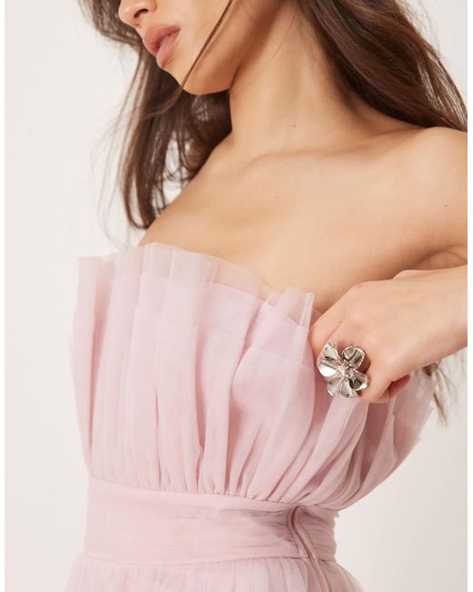 LACE & BEADS Pink Bandeau Ruffle Hem Tulle Midaxi Dress